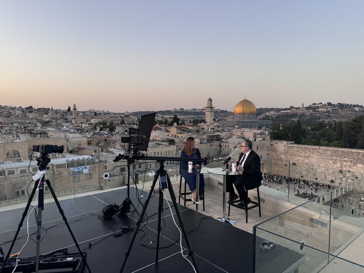 A two-camera interview set on a rooftop over the Old City, the Dome of the Rock behind